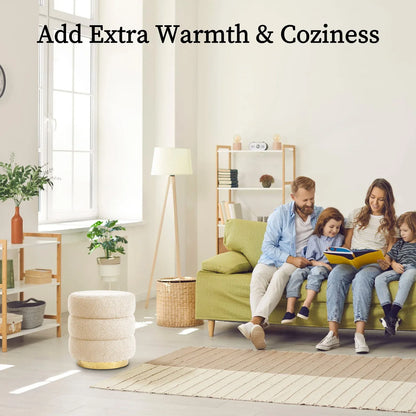 2X Round Stacked Ottoman Stool Teddy Fleece Fabric Foot Rest 38cm BEIGE - Mekamart Australia