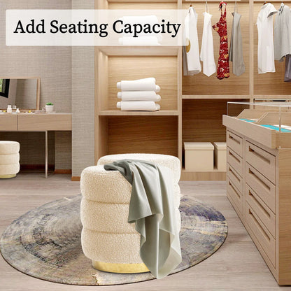 2X Round Stacked Ottoman Stool Teddy Fleece Fabric Foot Rest 38cm BEIGE - Mekamart Australia