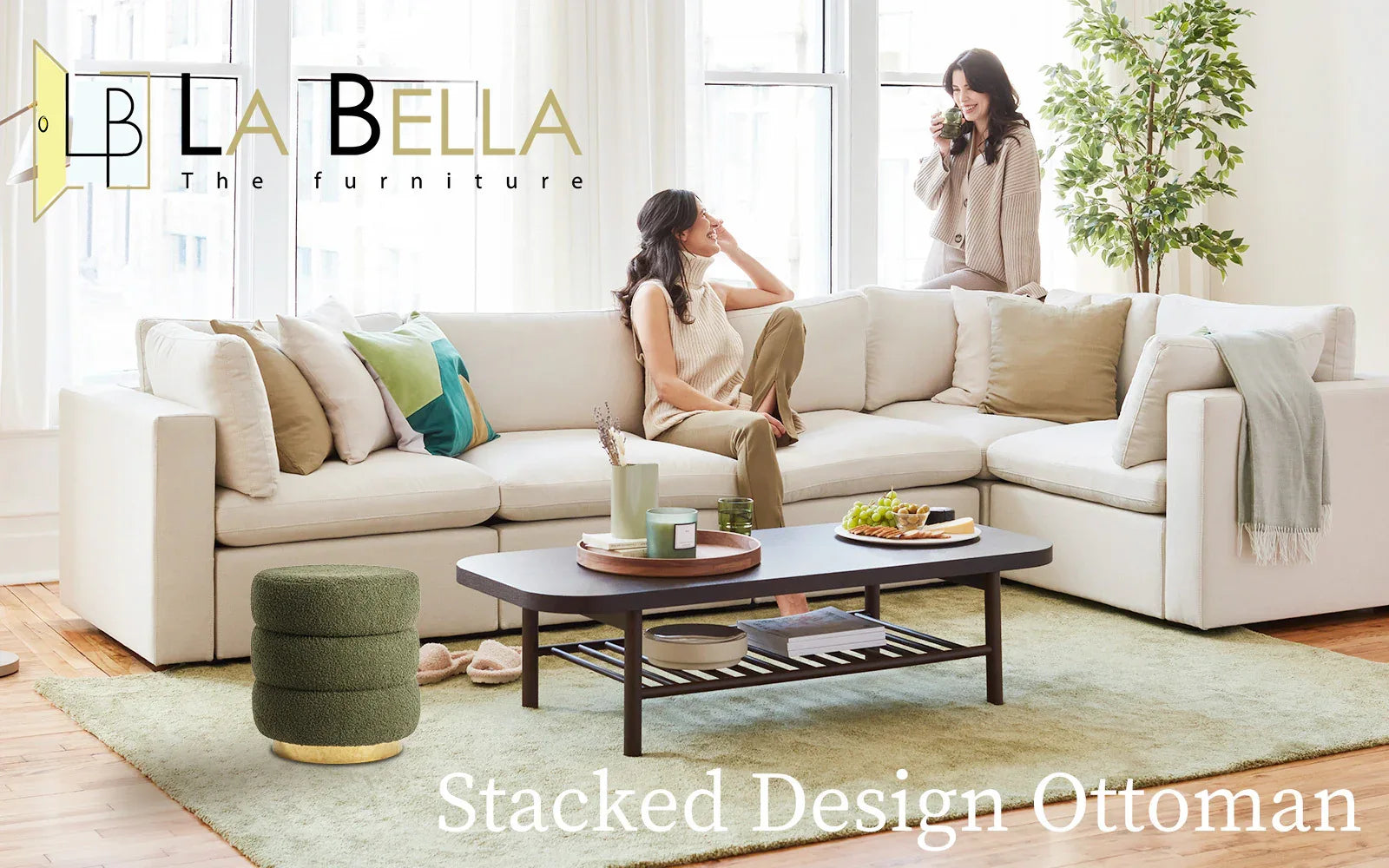 Round Stacked Ottoman Stool Teddy Fleece Fabric Foot Rest 38cm GREEN - Mekamart Australia