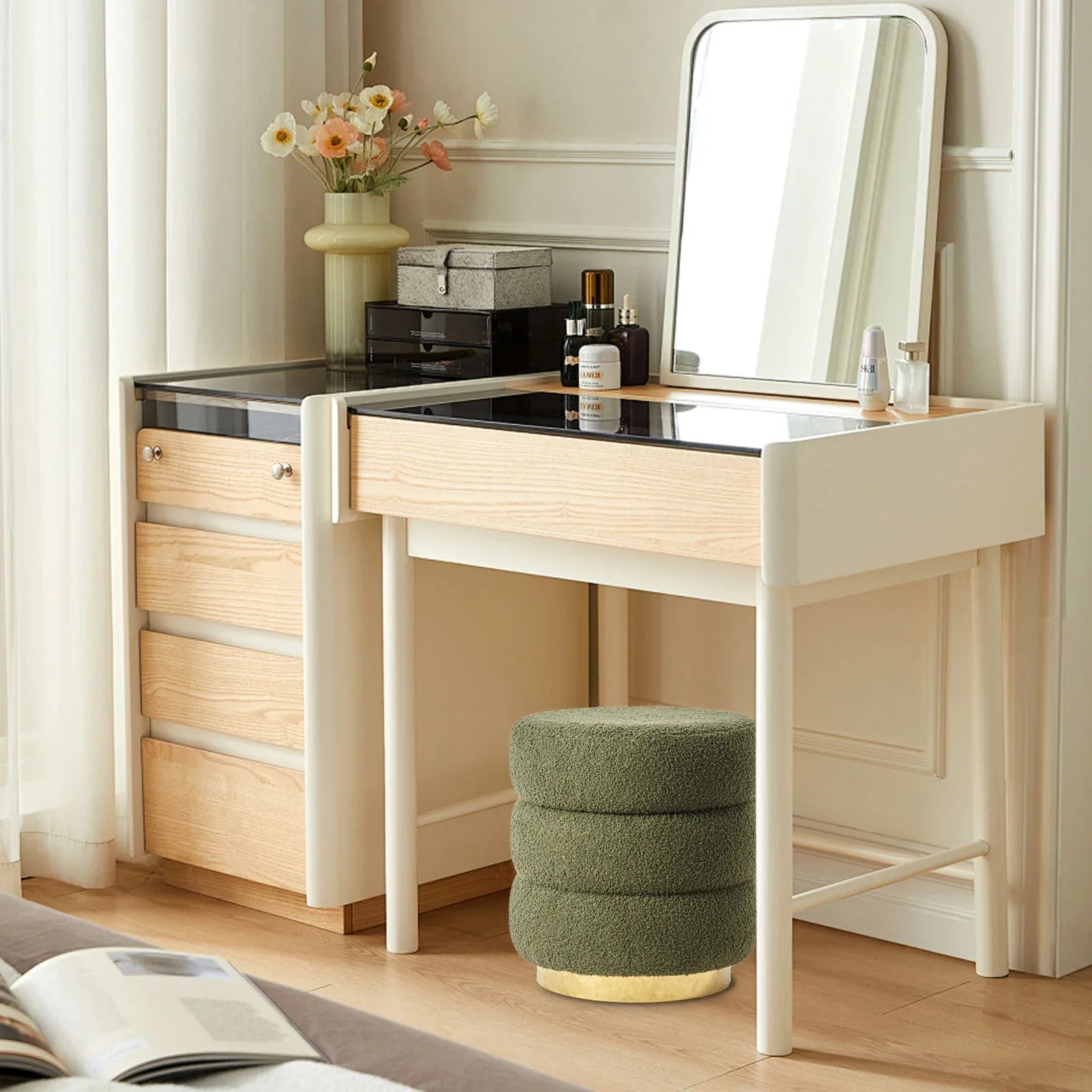 Round Stacked Ottoman Stool Teddy Fleece Fabric Foot Rest 38cm GREEN - Mekamart Australia