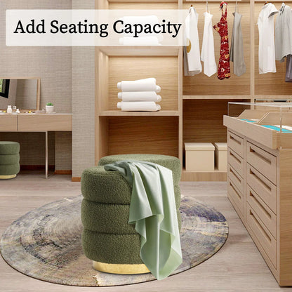 Round Stacked Ottoman Stool Teddy Fleece Fabric Foot Rest 38cm GREEN - Mekamart Australia