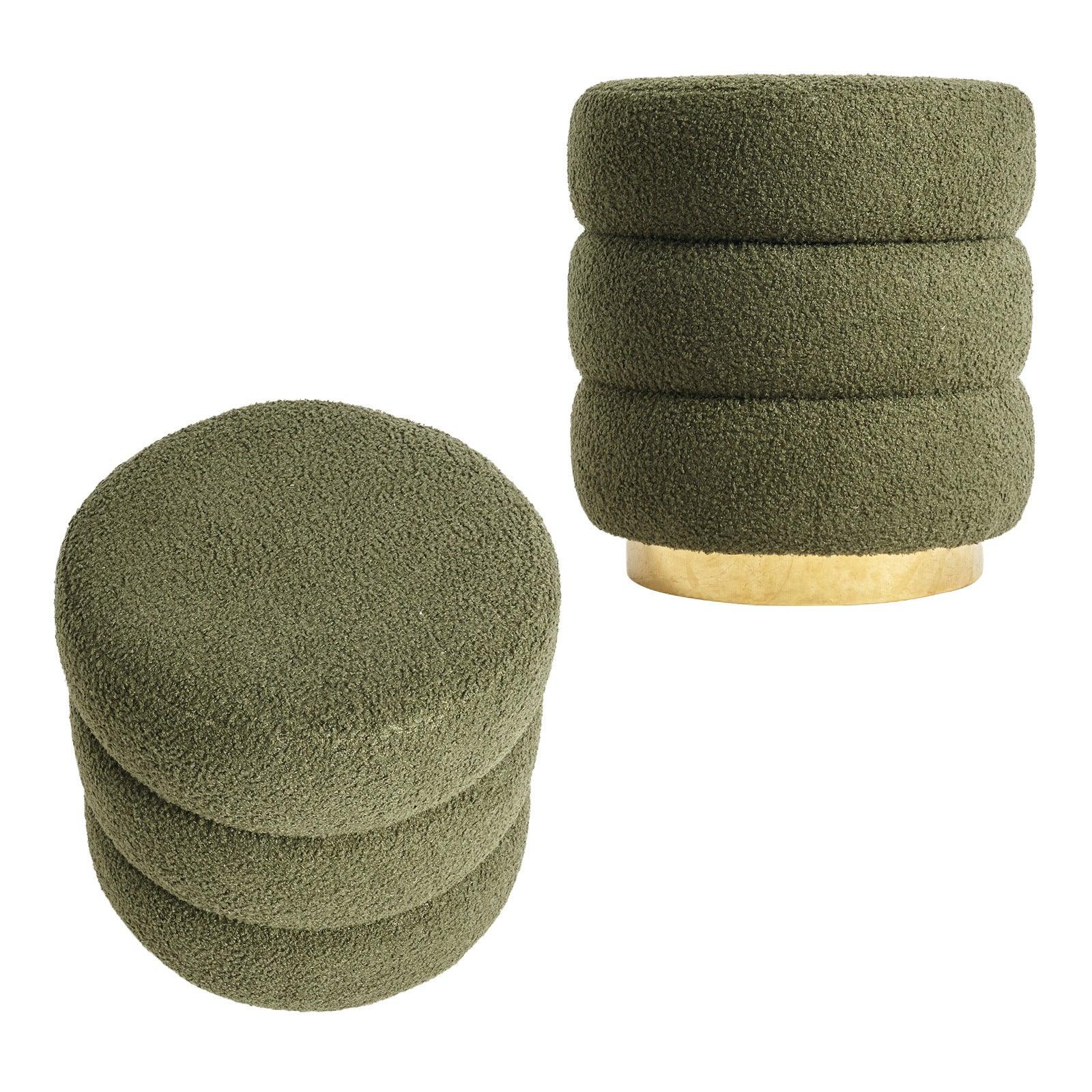 2X Round Stacked Ottoman Stool Teddy Fleece Fabric Foot Rest 38cm GREEN - Mekamart Australia