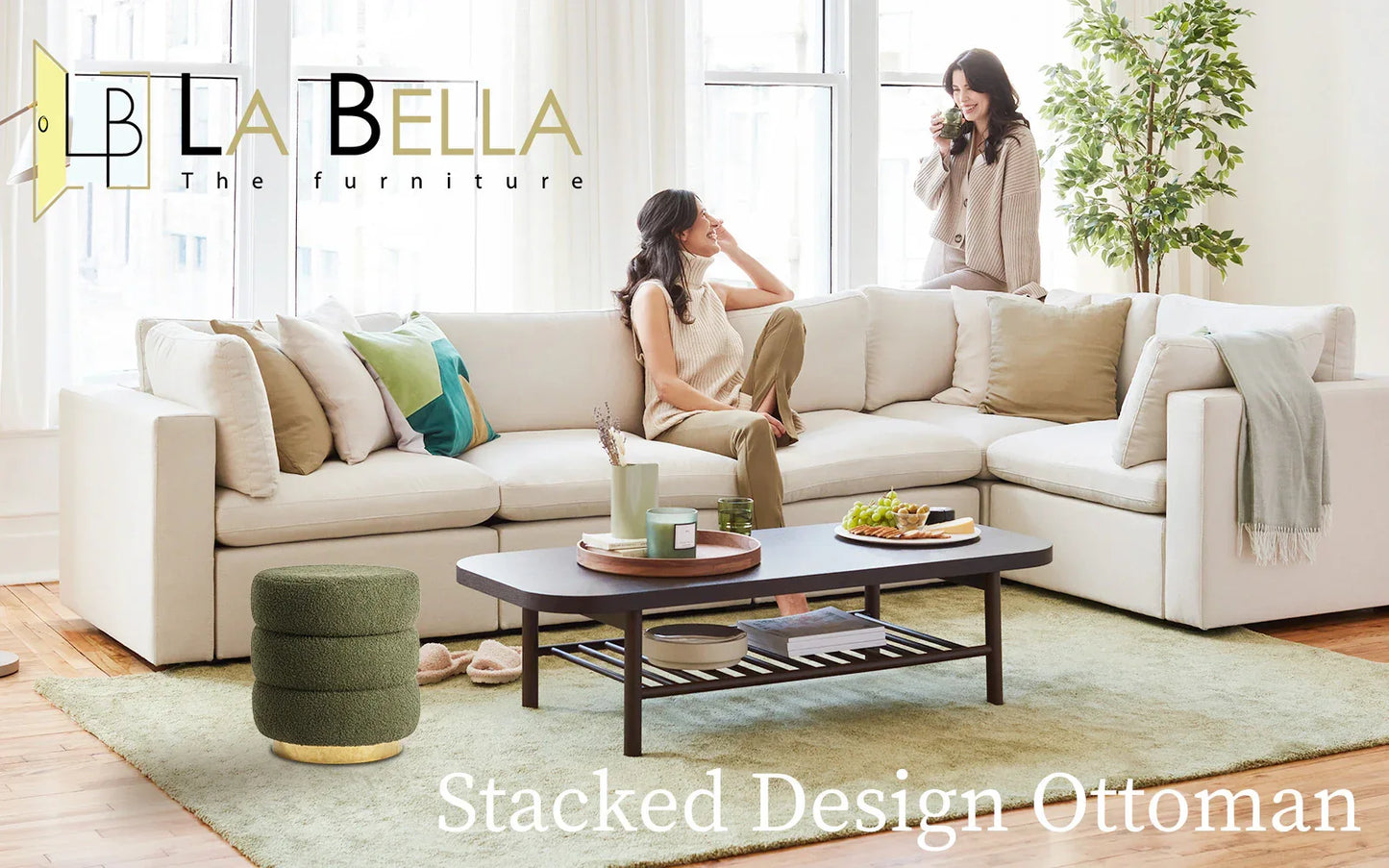 2X Round Stacked Ottoman Stool Teddy Fleece Fabric Foot Rest 38cm GREEN - Mekamart Australia