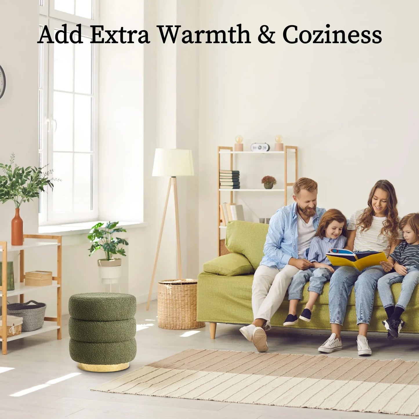 2X Round Stacked Ottoman Stool Teddy Fleece Fabric Foot Rest 38cm GREEN - Mekamart Australia