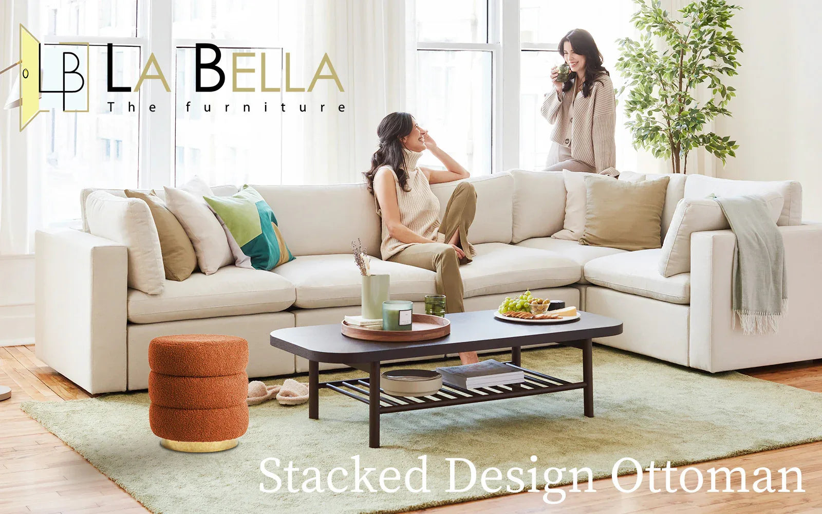 Round Stacked Ottoman Stool Teddy Fleece Fabric Foot Rest 38cm ORANGE - Mekamart Australia