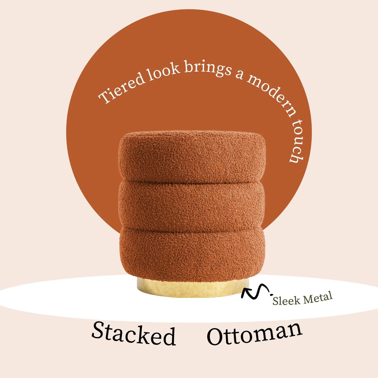 Round Stacked Ottoman Stool Teddy Fleece Fabric Foot Rest 38cm ORANGE - Mekamart Australia