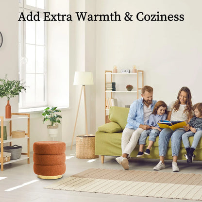 Round Stacked Ottoman Stool Teddy Fleece Fabric Foot Rest 38cm ORANGE - Mekamart Australia