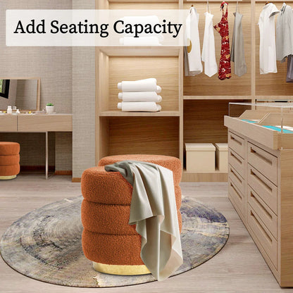 Round Stacked Ottoman Stool Teddy Fleece Fabric Foot Rest 38cm ORANGE - Mekamart Australia