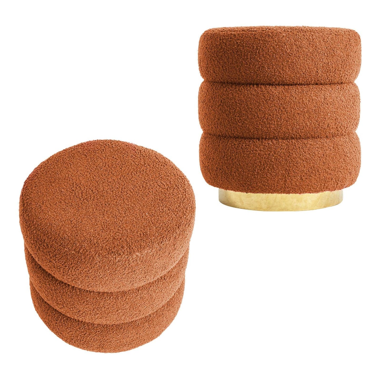 2X Round Stacked Ottoman Stool Teddy Fleece Fabric Foot Rest 38cm ORANGE - Mekamart Australia
