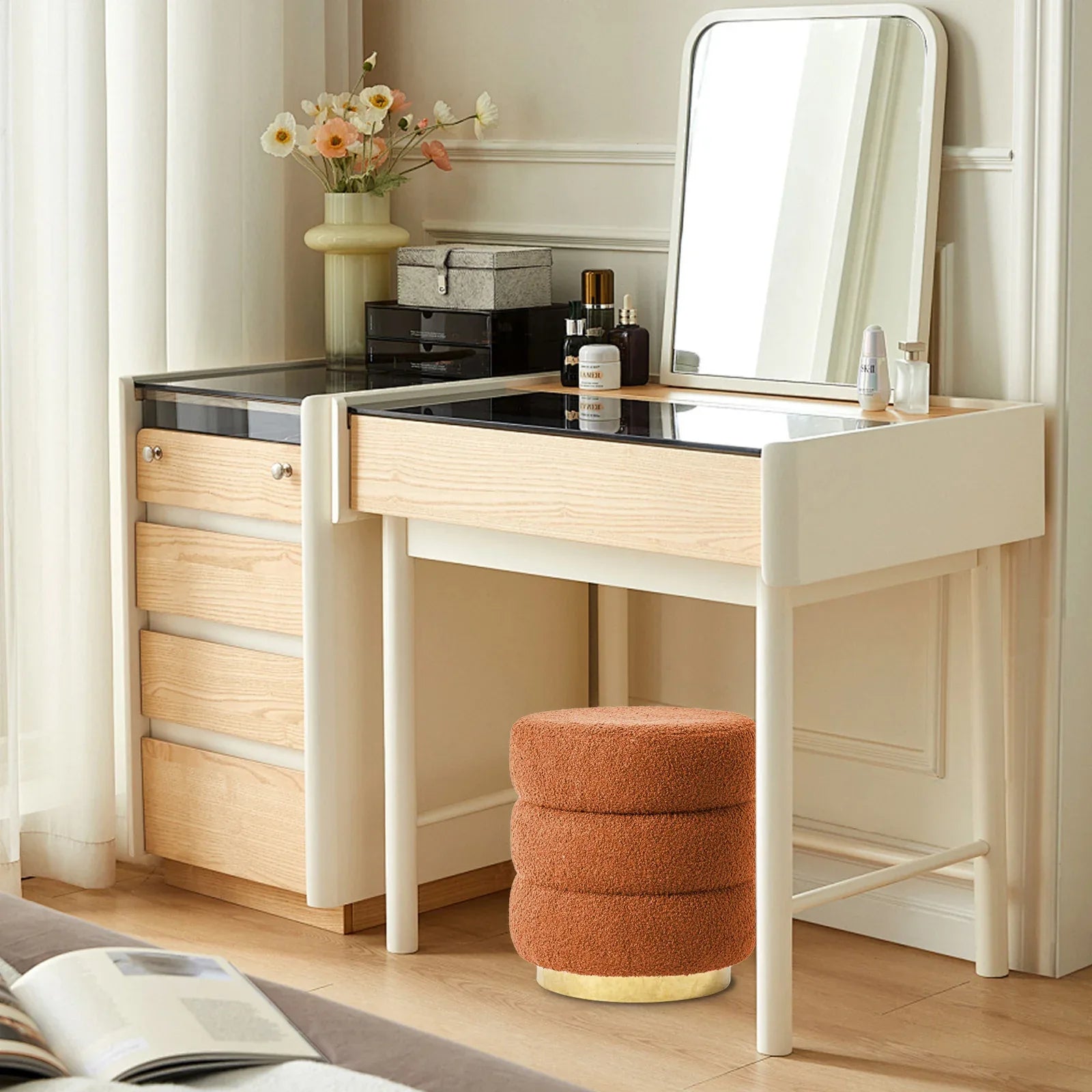 2X Round Stacked Ottoman Stool Teddy Fleece Fabric Foot Rest 38cm ORANGE - Mekamart Australia