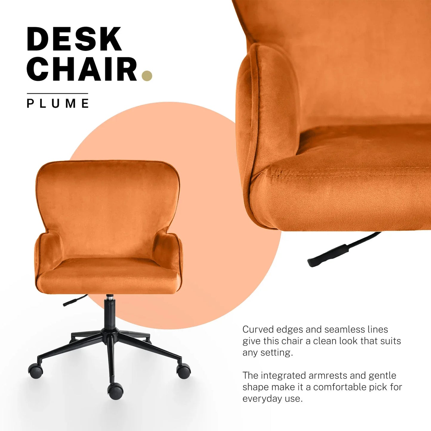Desk Armchair - Home Office Swivel Chair Adjustable Height Seat PLUME ORANGE