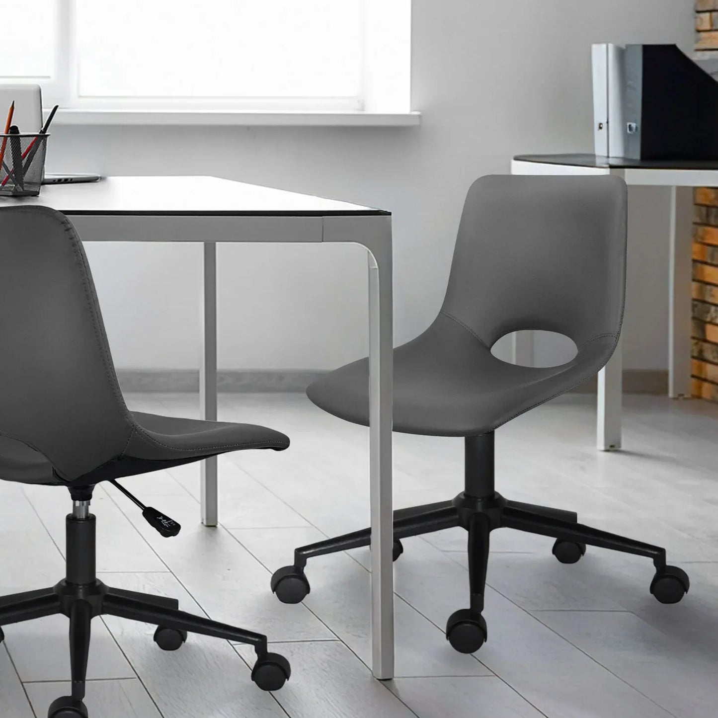 2 Set Office Desk Chair - PU Leather Home Swivel Chair Cut-Out Seat HALO GREY - Mekamart Australia