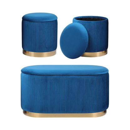 3 Piece Set Storage Ottoman - Blanket Box Velvet Padded Bench Stool FAYE BLUE - Mekamart Australia