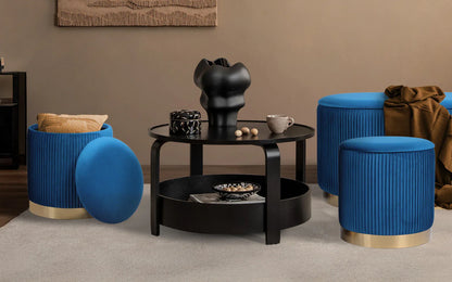 3 Piece Set Storage Ottoman - Blanket Box Velvet Padded Bench Stool FAYE BLUE - Mekamart Australia