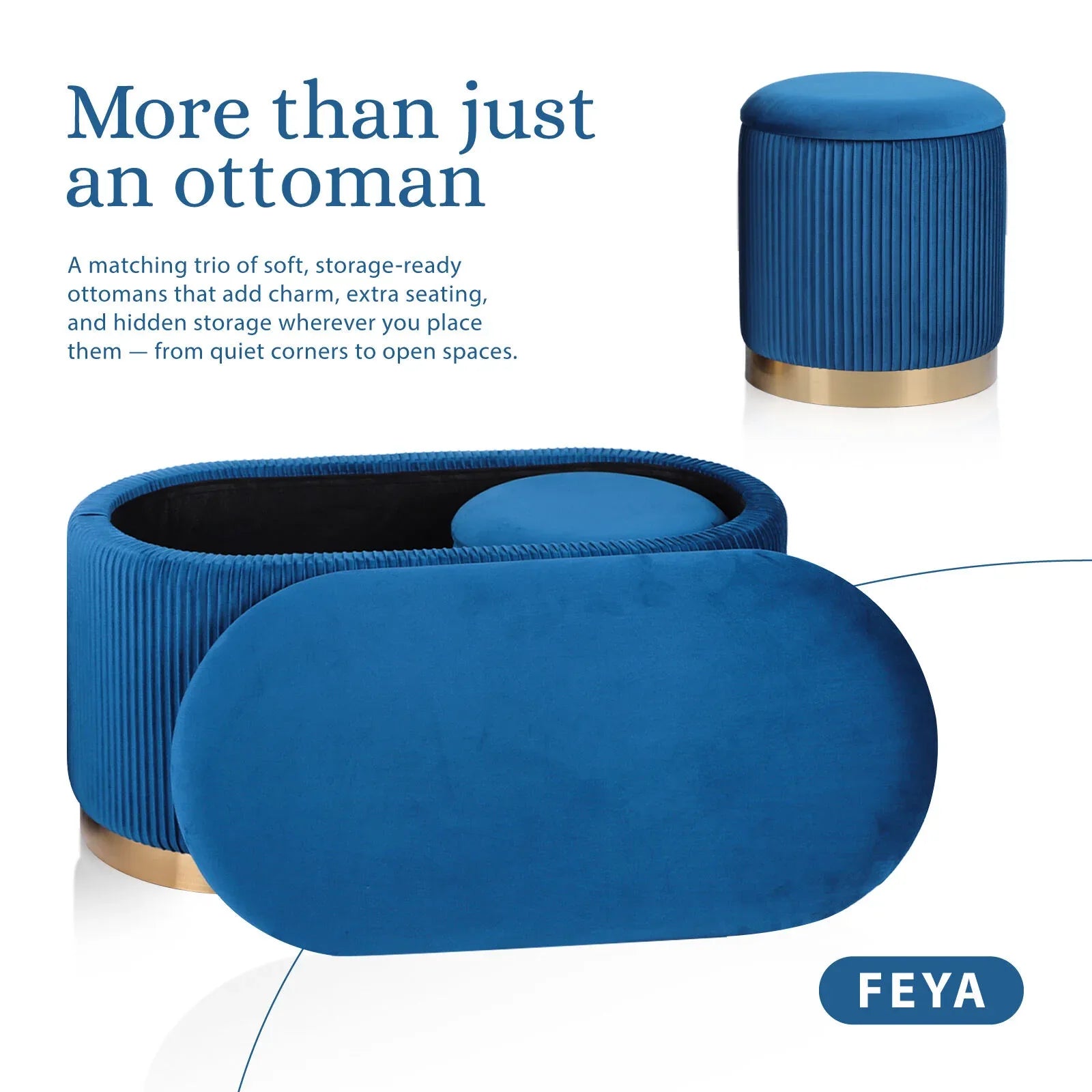 3 Piece Set Storage Ottoman - Blanket Box Velvet Padded Bench Stool FAYE BLUE - Mekamart Australia