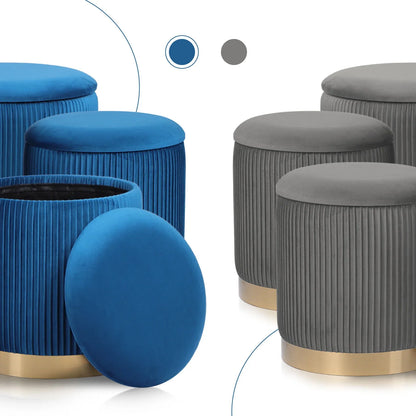 3 Piece Set Storage Ottoman - Blanket Box Velvet Padded Bench Stool FAYE BLUE - Mekamart Australia