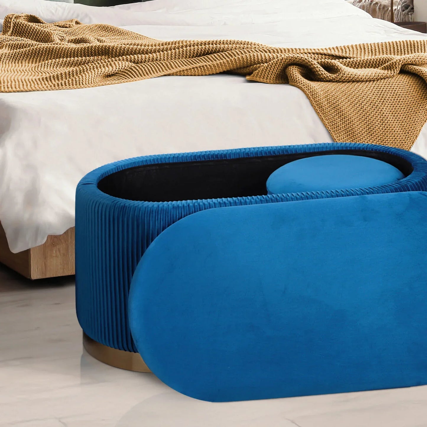 3 Piece Set Storage Ottoman - Blanket Box Velvet Padded Bench Stool FAYE BLUE - Mekamart Australia