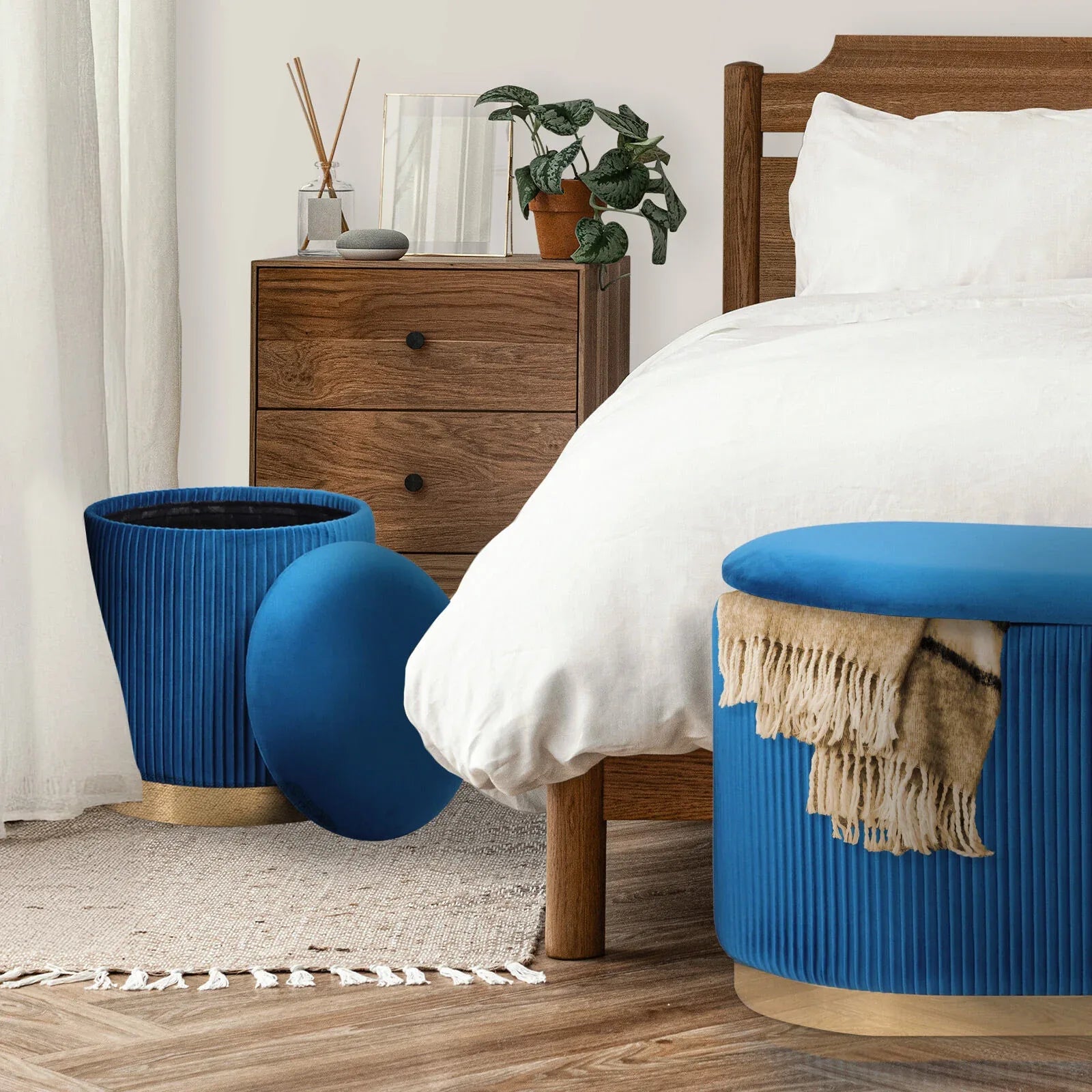 3 Piece Set Storage Ottoman - Blanket Box Velvet Padded Bench Stool FAYE BLUE - Mekamart Australia