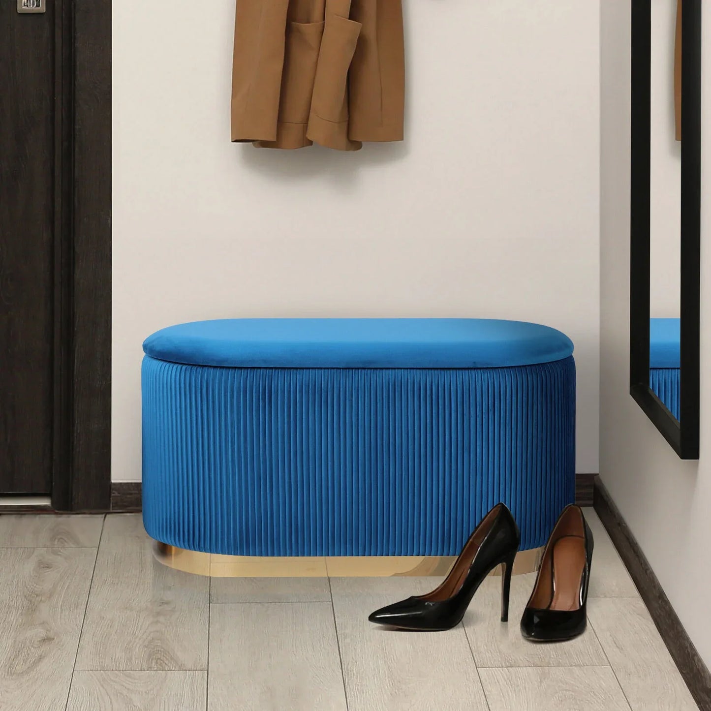 3 Piece Set Storage Ottoman - Blanket Box Velvet Padded Bench Stool FAYE BLUE - Mekamart Australia