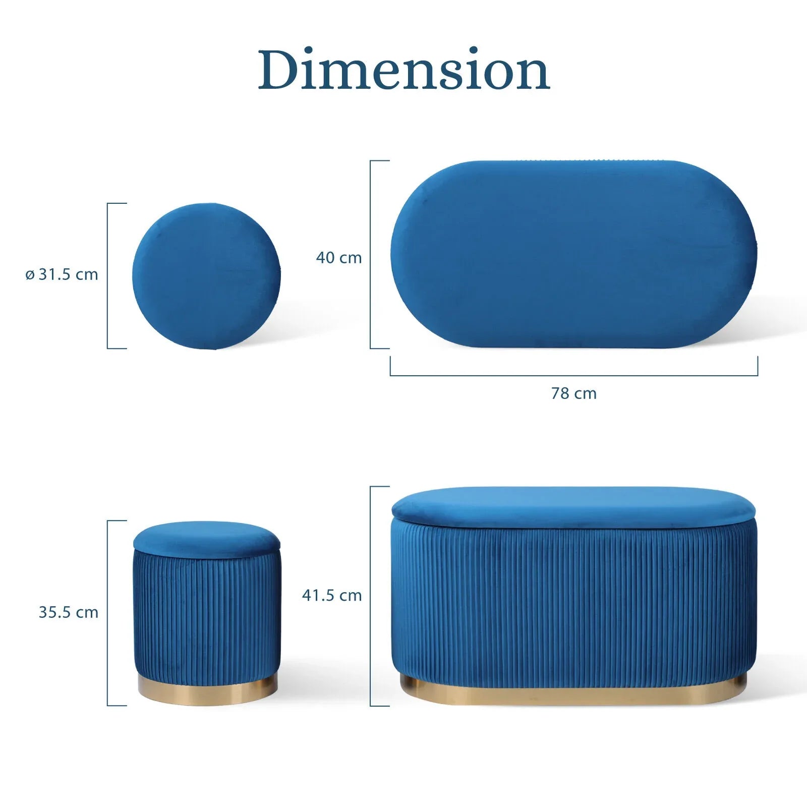 3 Piece Set Storage Ottoman - Blanket Box Velvet Padded Bench Stool FAYE BLUE - Mekamart Australia