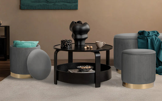 3 Piece Set Storage Ottoman - Blanket Box Velvet Padded Bench Stool FAYE GREY - Mekamart Australia