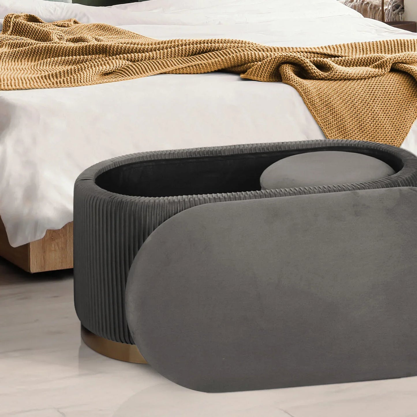 3 Piece Set Storage Ottoman - Blanket Box Velvet Padded Bench Stool FAYE GREY - Mekamart Australia