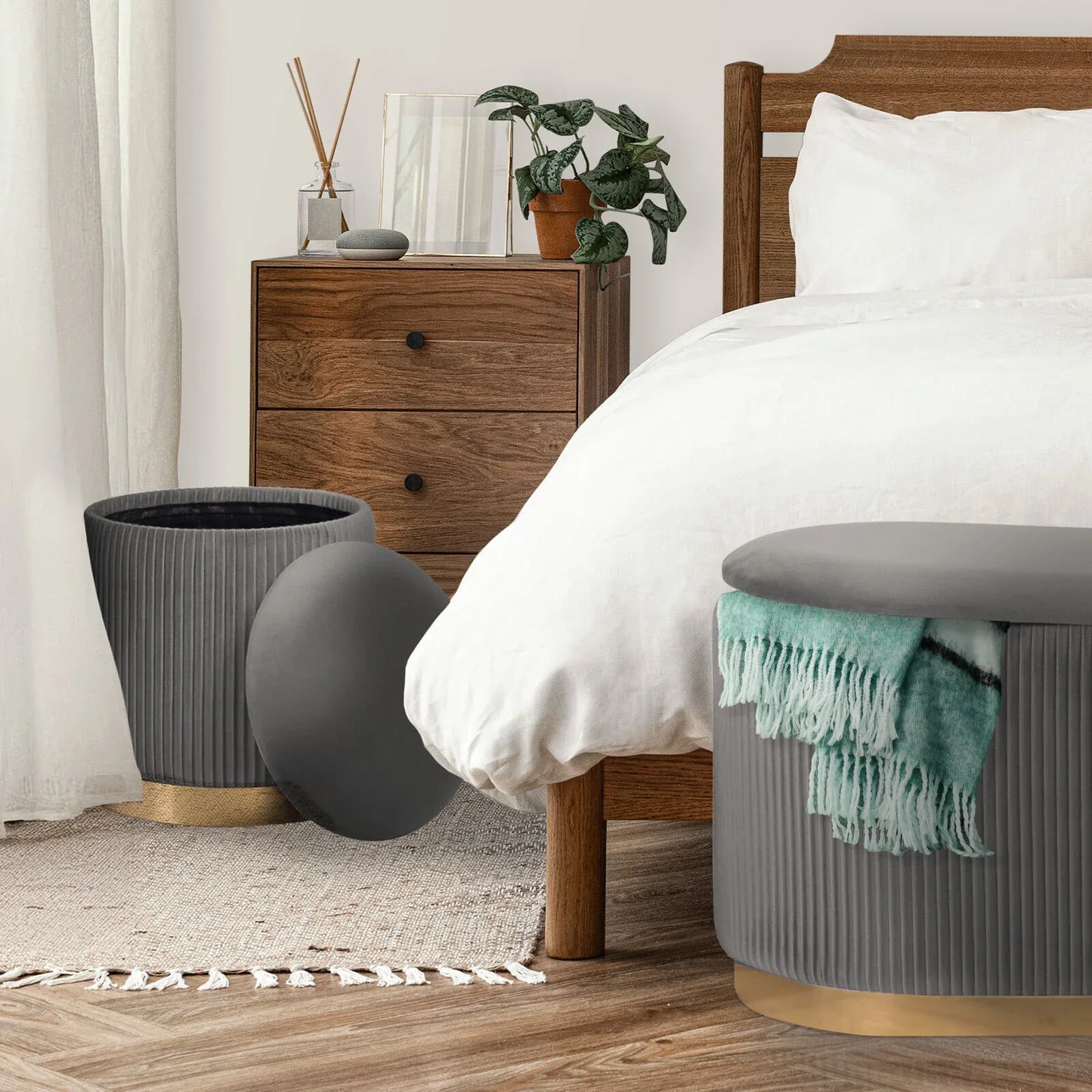 3 Piece Set Storage Ottoman - Blanket Box Velvet Padded Bench Stool FAYE GREY - Mekamart Australia