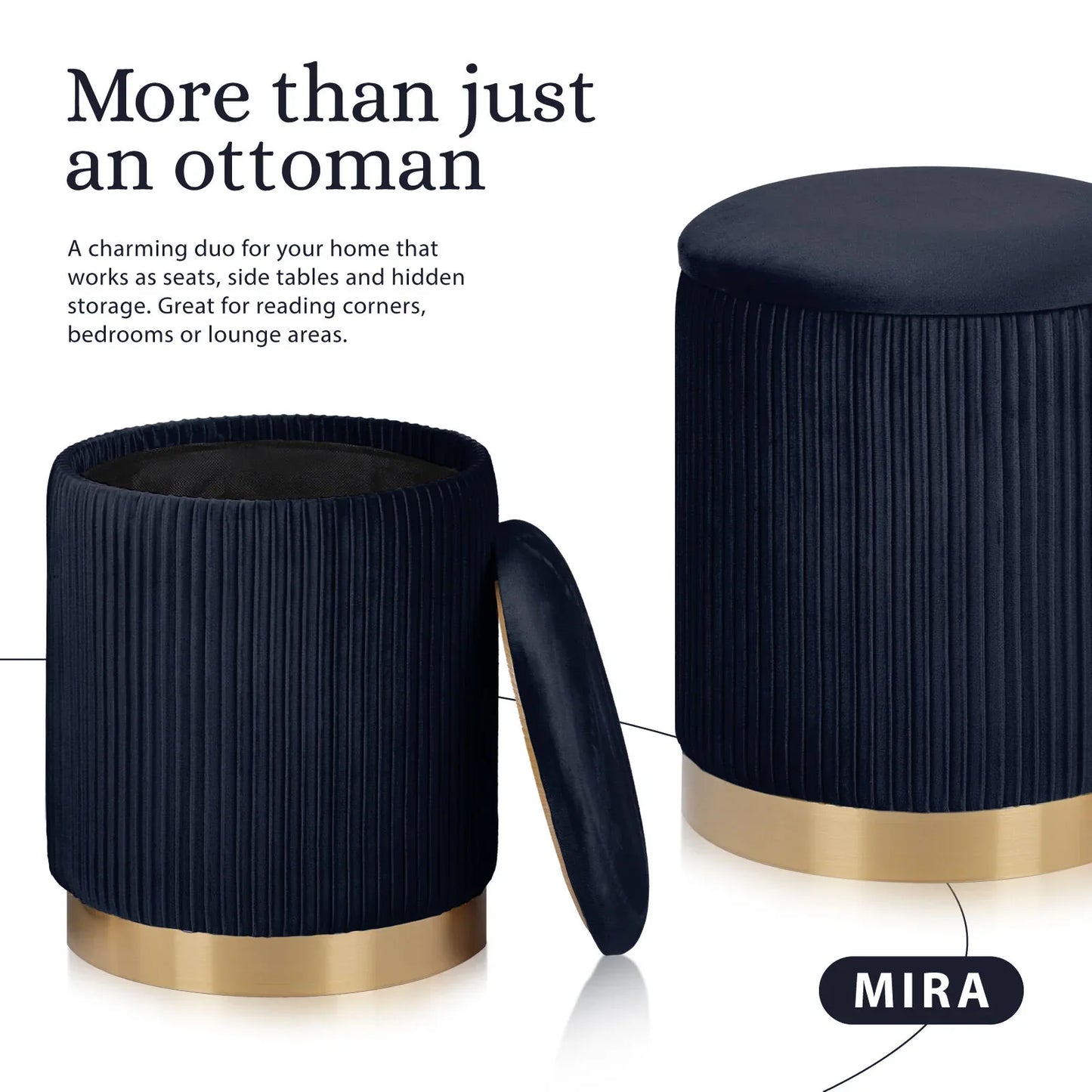 2X Side Table Storage Ottoman - Velvet Stool MIRA Black - Mekamart Australia