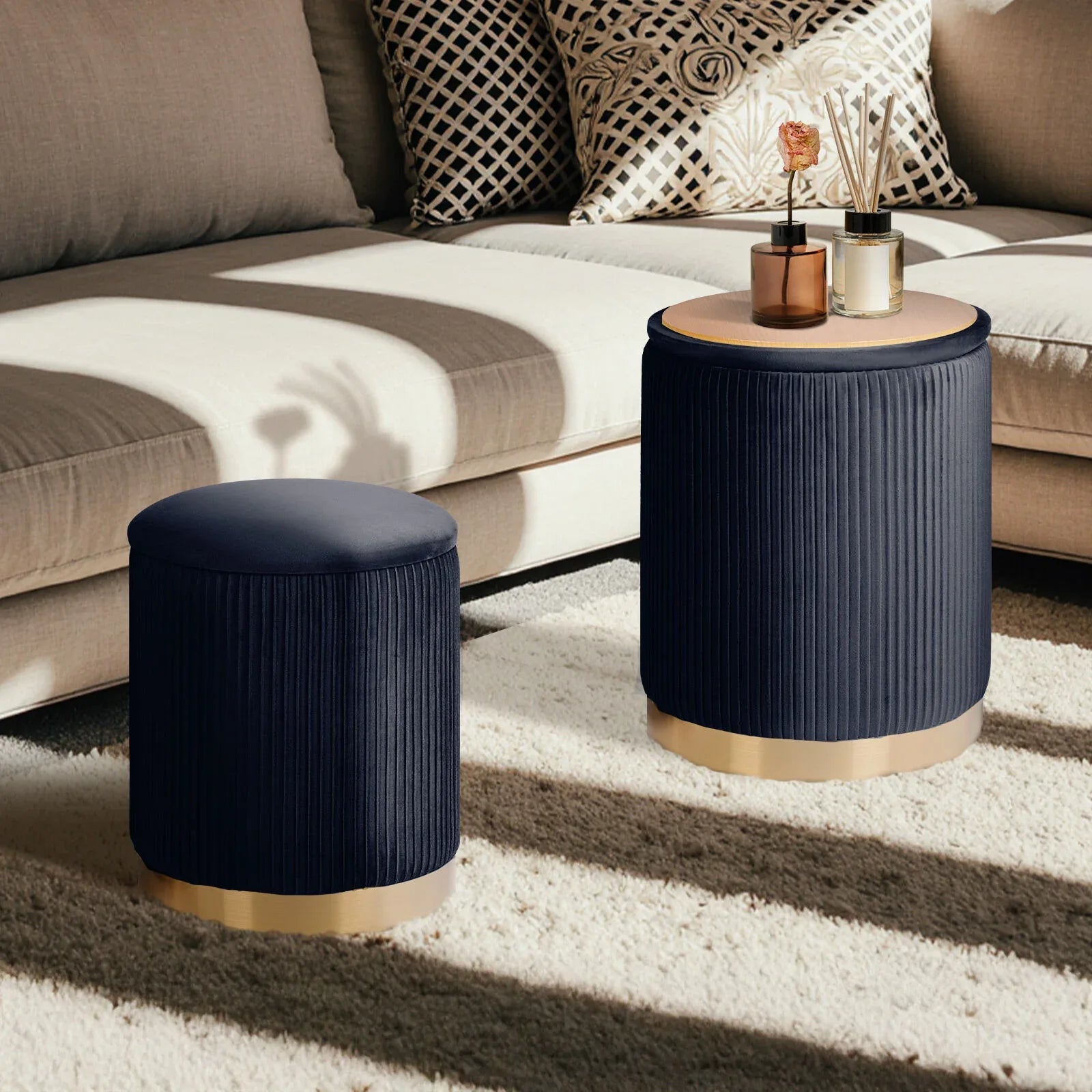 2X Side Table Storage Ottoman - Velvet Stool MIRA Black - Mekamart Australia
