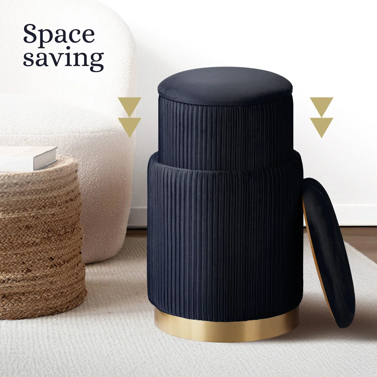 2X Side Table Storage Ottoman - Velvet Stool MIRA Black - Mekamart Australia