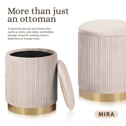 2X Side Table Storage Ottoman - Velvet Stool MIRA Cream
