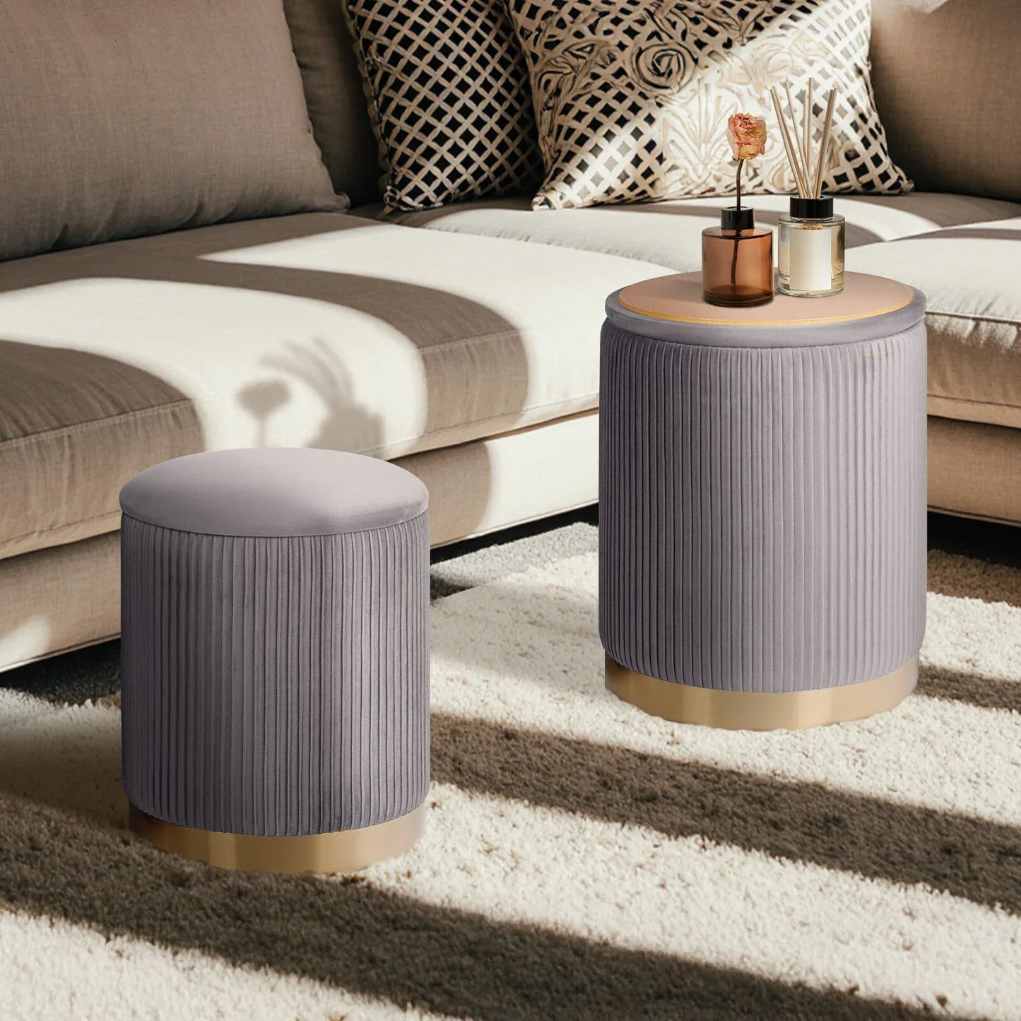 2X Side Table Storage Ottoman - Velvet Stool MIRA Grey