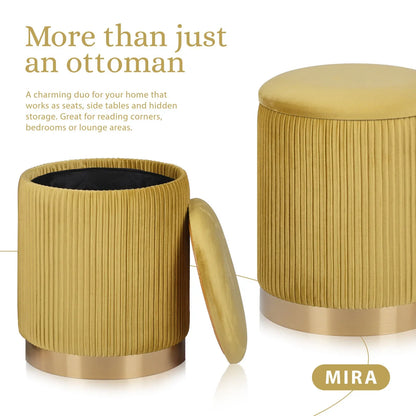 2X Side Table Storage Ottoman - Velvet Stool MIRA Mustard