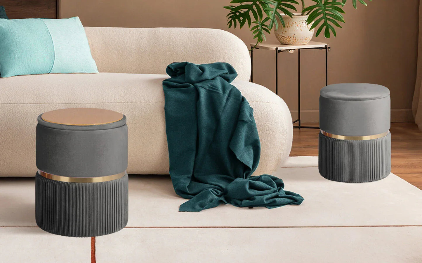 2X Side Table Storage Ottoman - Velvet Padded Stool Vanity Footstool REMI GREY - Mekamart Australia