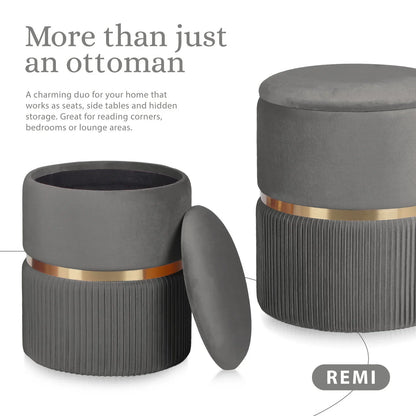 2X Side Table Storage Ottoman - Velvet Padded Stool Vanity Footstool REMI GREY - Mekamart Australia