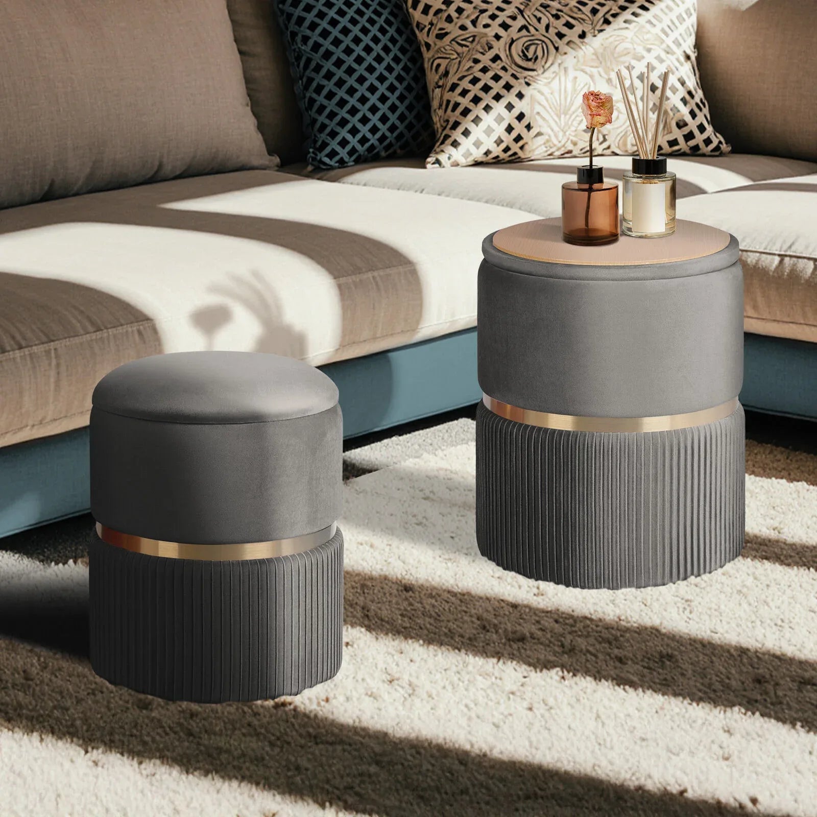 2X Side Table Storage Ottoman - Velvet Padded Stool Vanity Footstool REMI GREY - Mekamart Australia