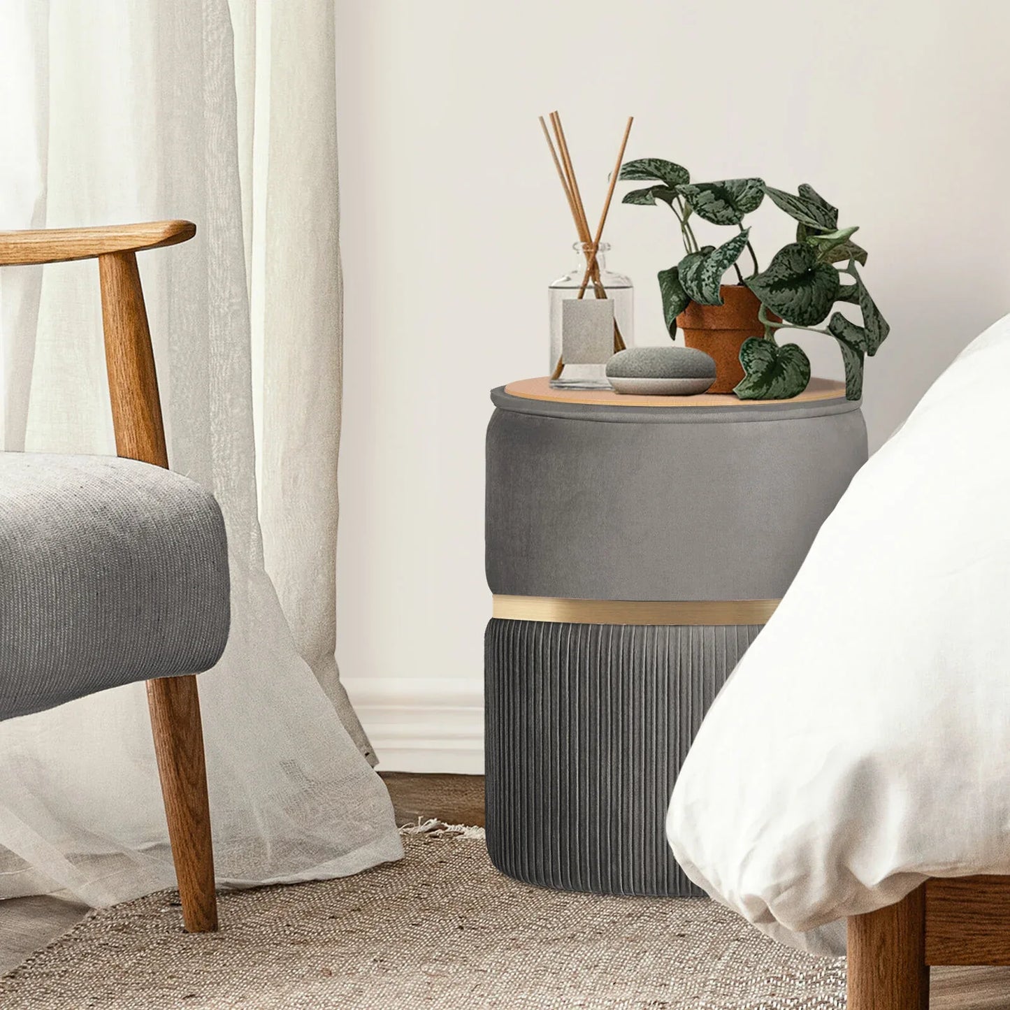 2X Side Table Storage Ottoman - Velvet Padded Stool Vanity Footstool REMI GREY - Mekamart Australia