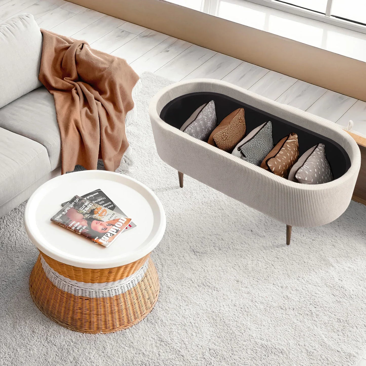 Coffee Table Storage Ottoman - Corduroy Padded Blanket Box Bench ESME CREAM