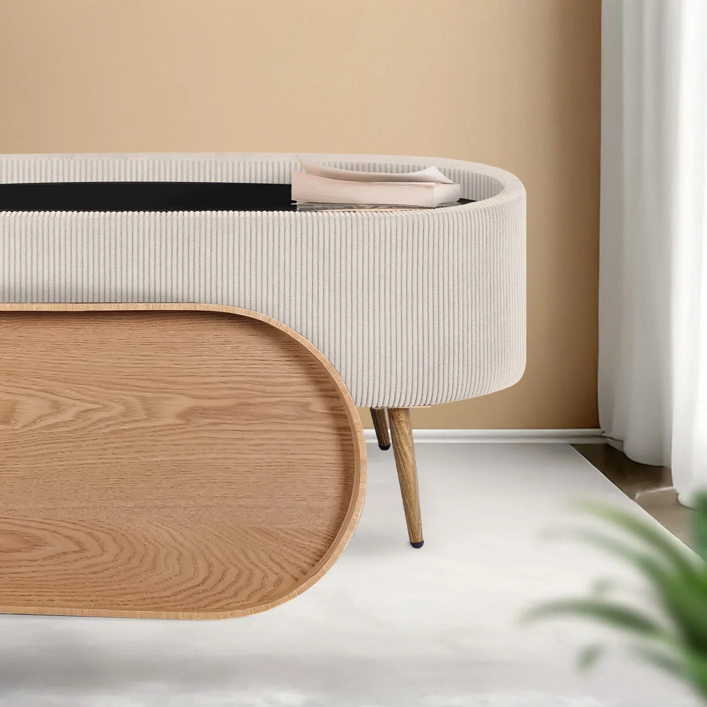 Coffee Table Storage Ottoman - Corduroy Padded Blanket Box Bench ESME CREAM