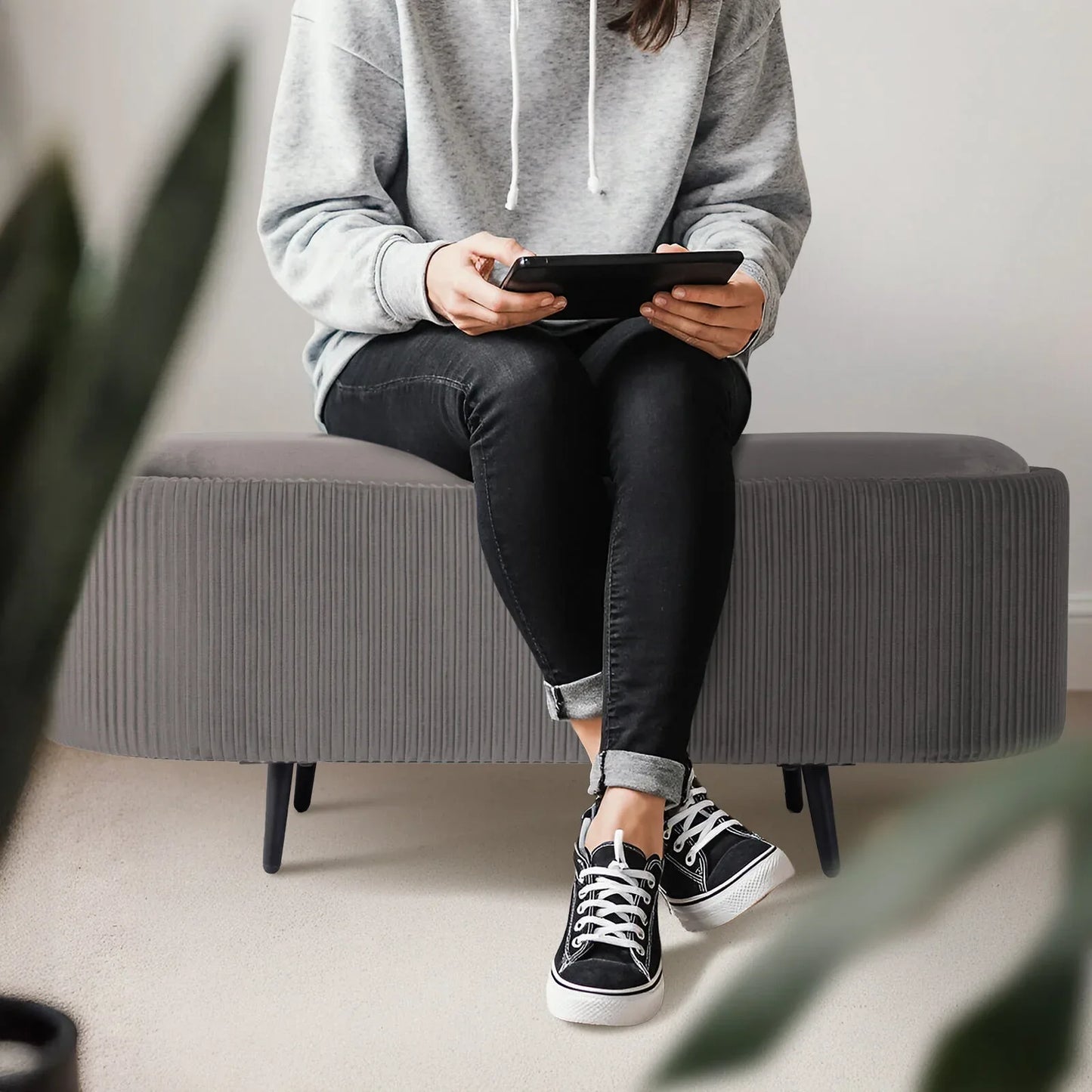 Coffee Table Storage Ottoman - Velvet Padded Blanket Box Bench IRENE GREY