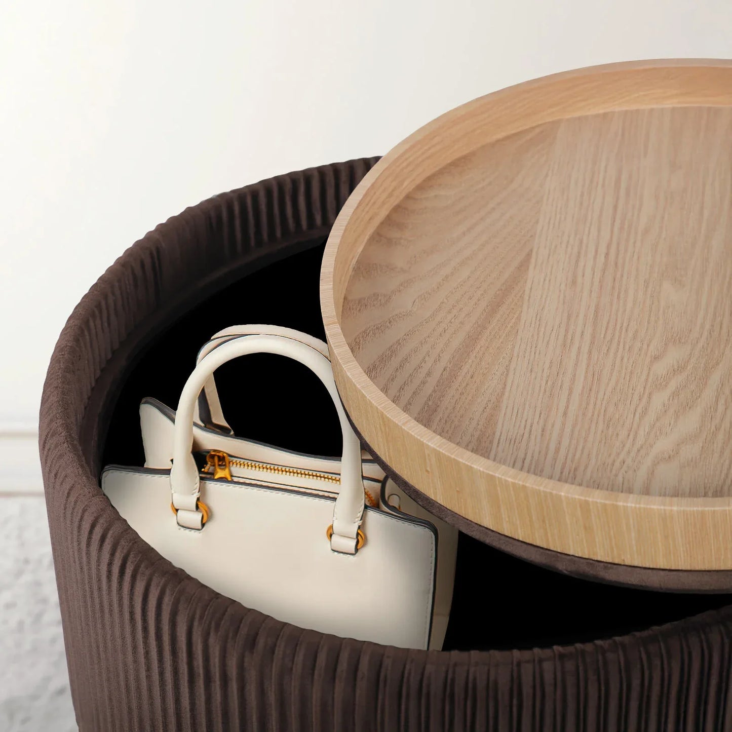 Side Table Storage Ottoman - Velvet Padded Stool Vanity Footstool CLEO BROWN