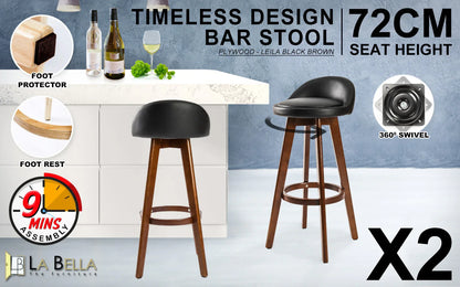 2X Wooden Bar Stool Dining Chair Leather LEILA 72cm BLACK BROWN - Mekamart Australia