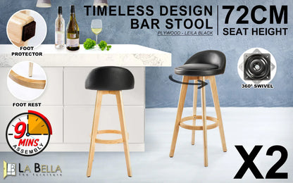 2X Wooden Bar Stool Dining Chair Leather LEILA 72cm BLACK - Mekamart Australia