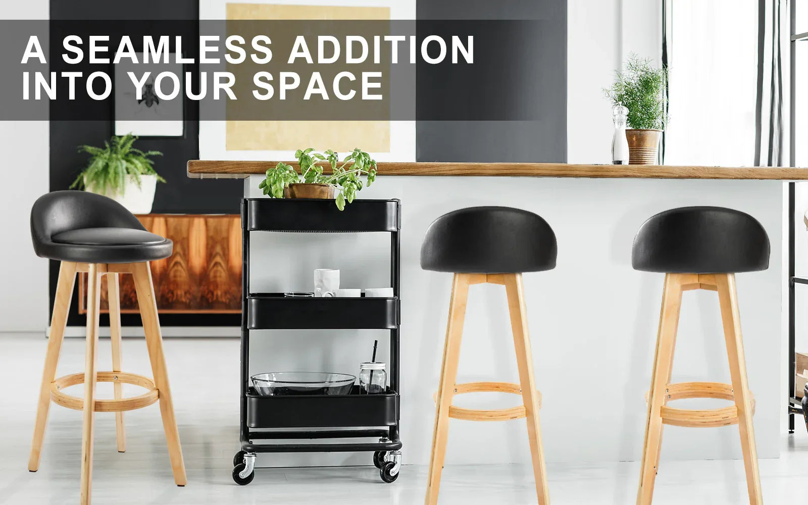 2X Wooden Bar Stool Dining Chair Leather LEILA 72cm BLACK - Mekamart Australia