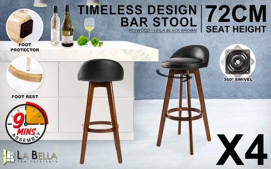 4X Wooden Bar Stool Dining Chair Leather LEILA 72cm BLACK BROWN - Mekamart Australia