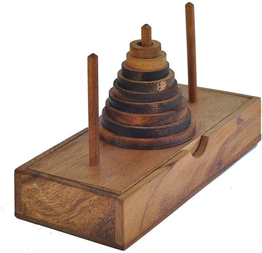Pagoda 9 ring brain teaser puzzle, wood, handmade 3D puzzle-arrange rings on end column to solve - Mekamart Australia