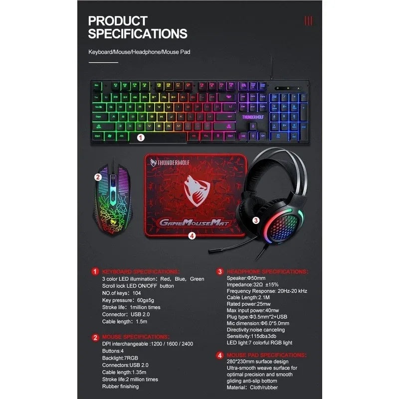 T-Wolf TF400 4-pcs Rainbow Keyboard/Mouse/Headphone/Mouse Pad Kit Set - Mekamart Australia