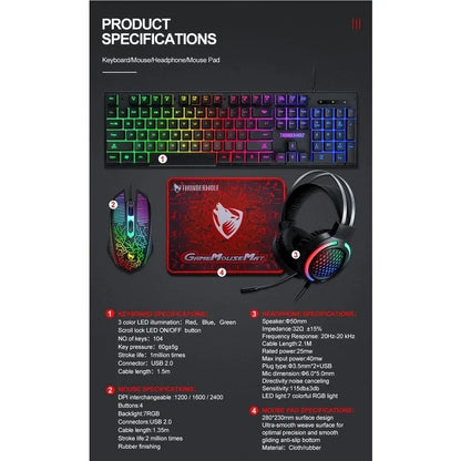 T-Wolf TF400 4-pcs Rainbow Keyboard/Mouse/Headphone/Mouse Pad Kit Set - Mekamart Australia