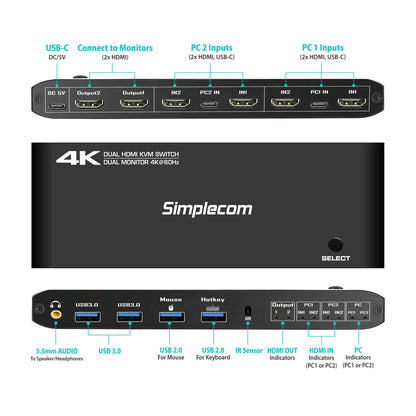 Simplecom KM430 Dual HDMI Monitor KVM Switch for 2 Computers with 4-Port USB Hub 4K@60Hz Keyboard Hotkey
