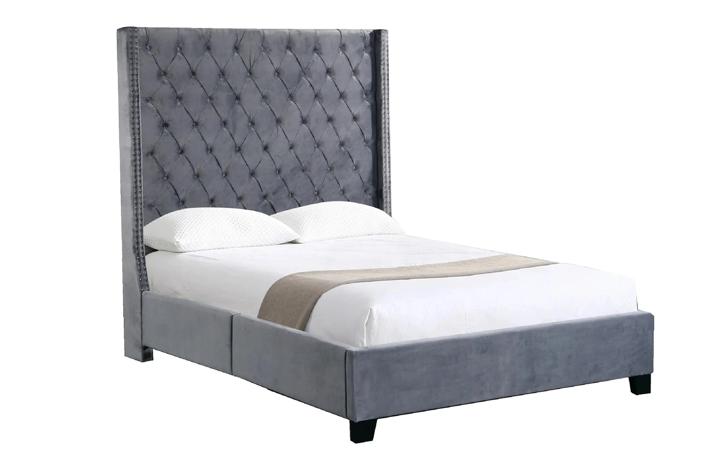 Ella Grey Velvet Winged Bed 180cm - Queen